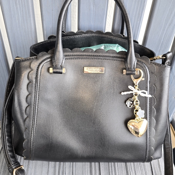 Kate Spade Black Scalloped Top Crossbody Handbags - Kate Spade Black Satchel with Black & Gold Crossbody Straps w/Heart & Flowers C.
